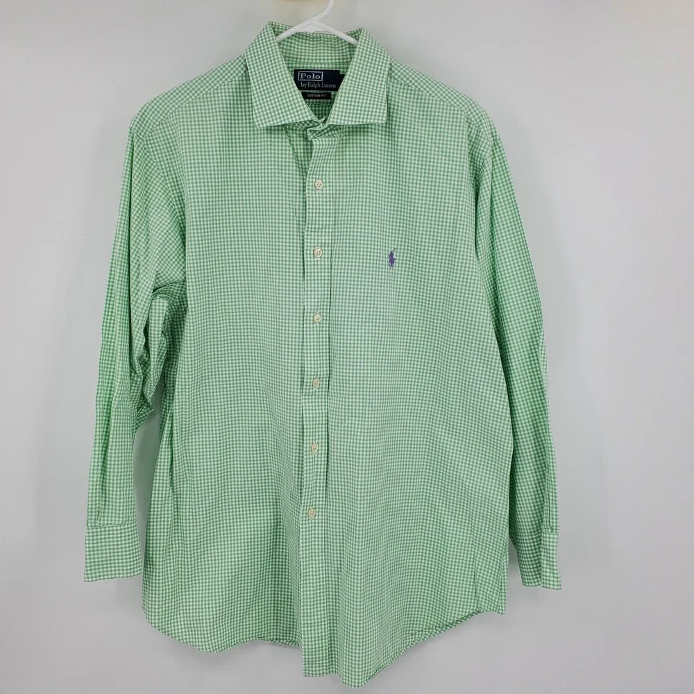 Polo Ralph Lauren Men's‎ Green Gingham Custom Fit Button Down Shirt 17.5 Preppy